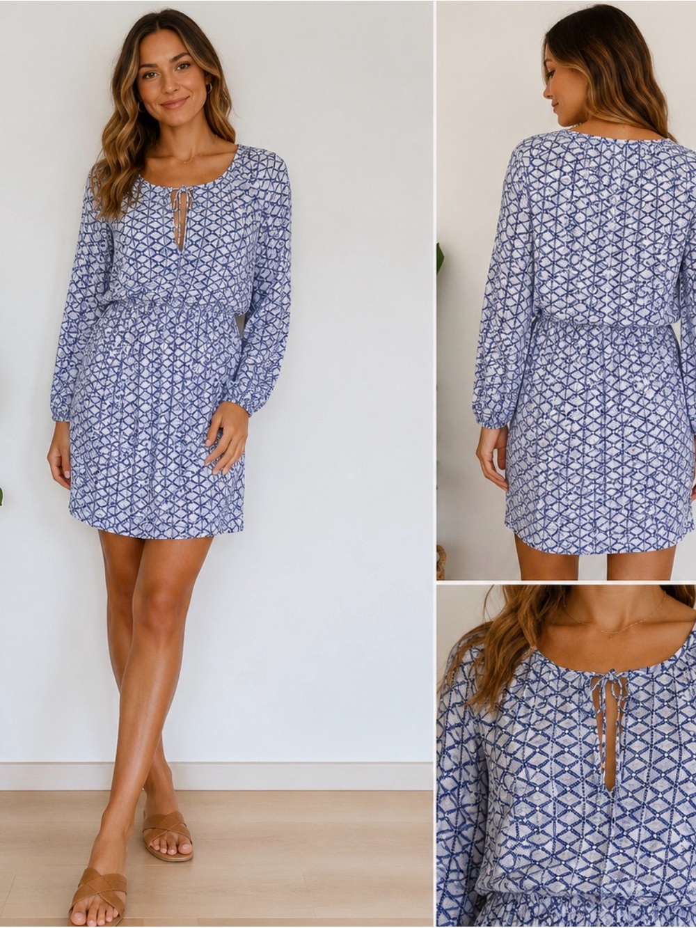 Seafolly Australia Blue Geometric Print Mini Dress M Boho Tie Neck Viscose Flowy